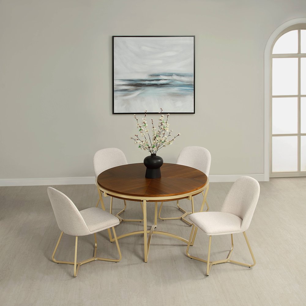 46" Brown And Gold Solid Wood And Metal Trestle Base Round Top Dining Table