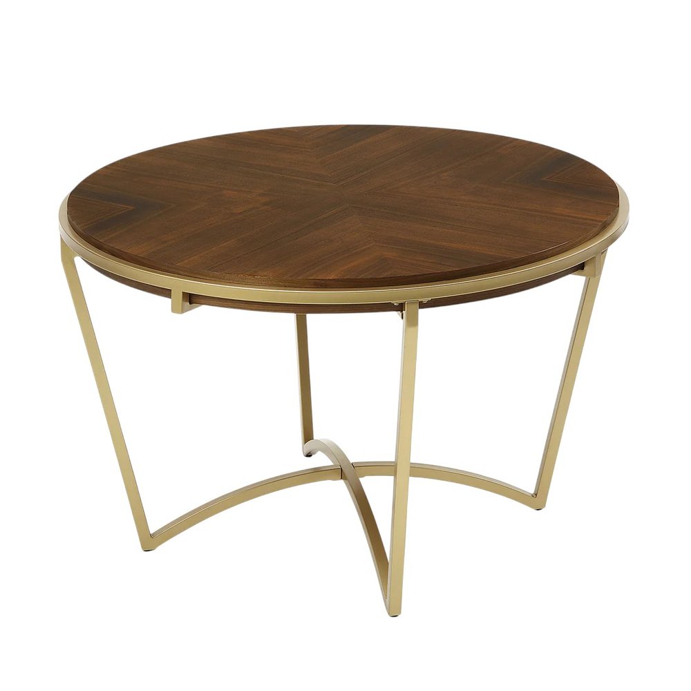 46" Brown And Gold Solid Wood And Metal Trestle Base Round Top Dining Table