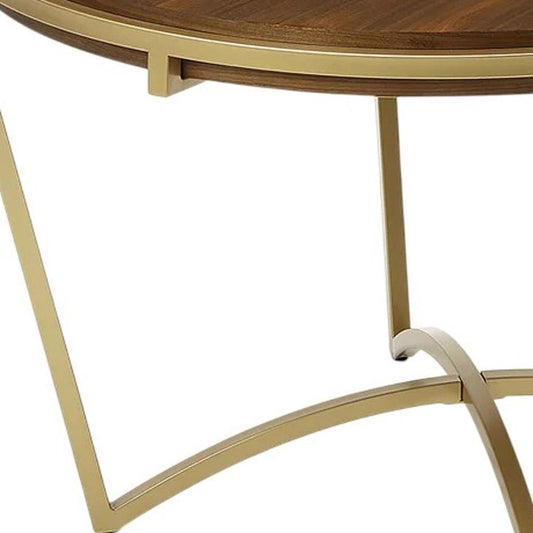 46" Brown And Gold Solid Wood And Metal Trestle Base Round Top Dining Table