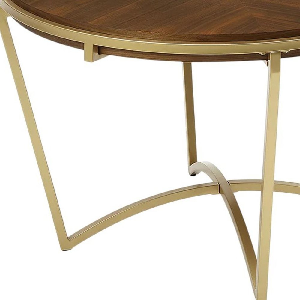 46" Brown And Gold Solid Wood And Metal Trestle Base Round Top Dining Table