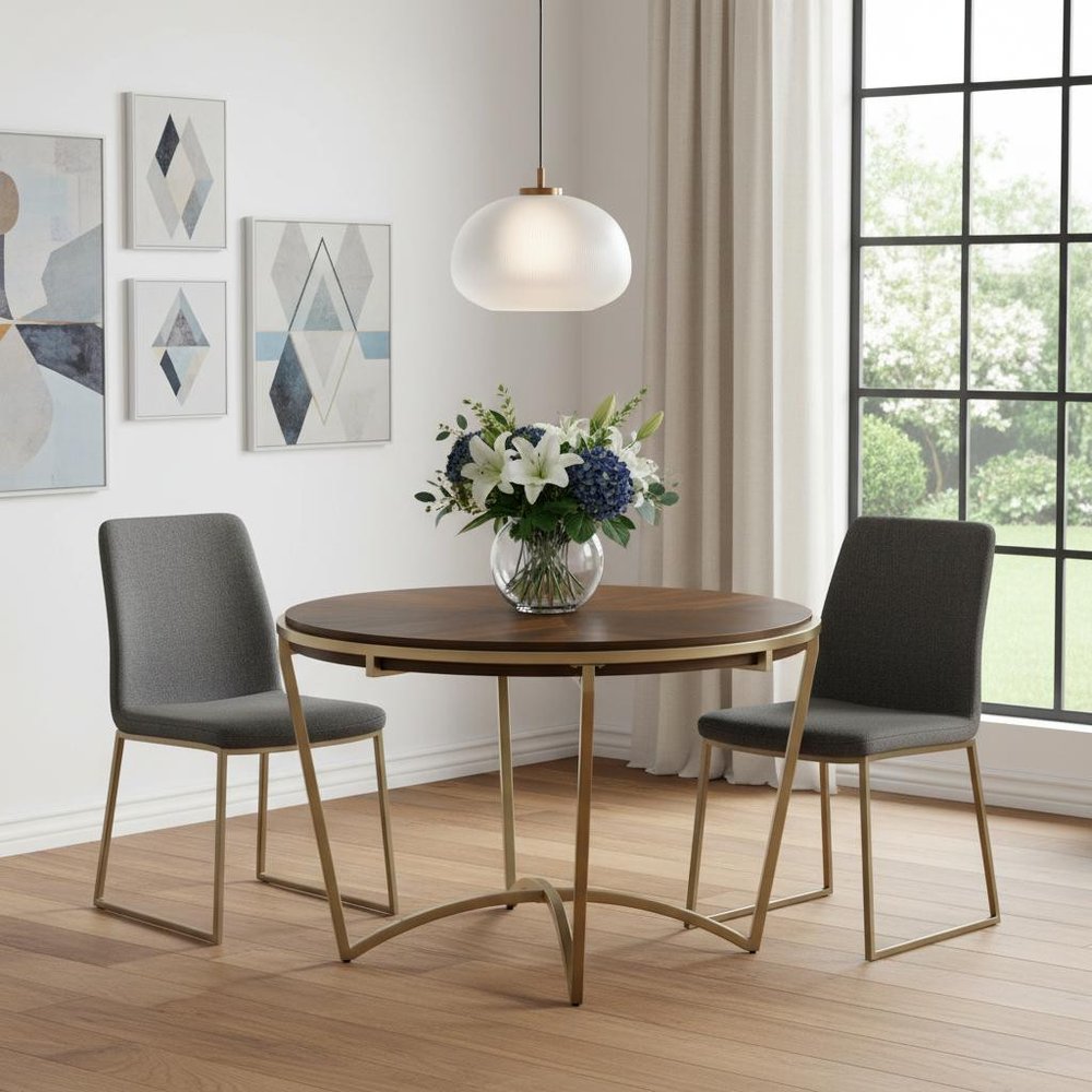 46" Brown And Gold Solid Wood And Metal Trestle Base Round Top Dining Table