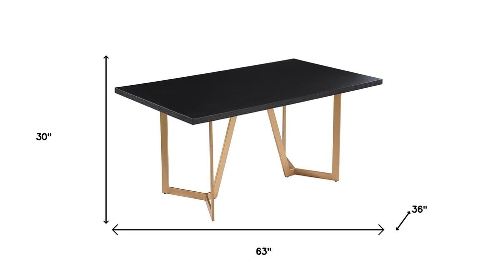 63" Black And Gold Solid Wood And Metal Trestle Base Dining Table