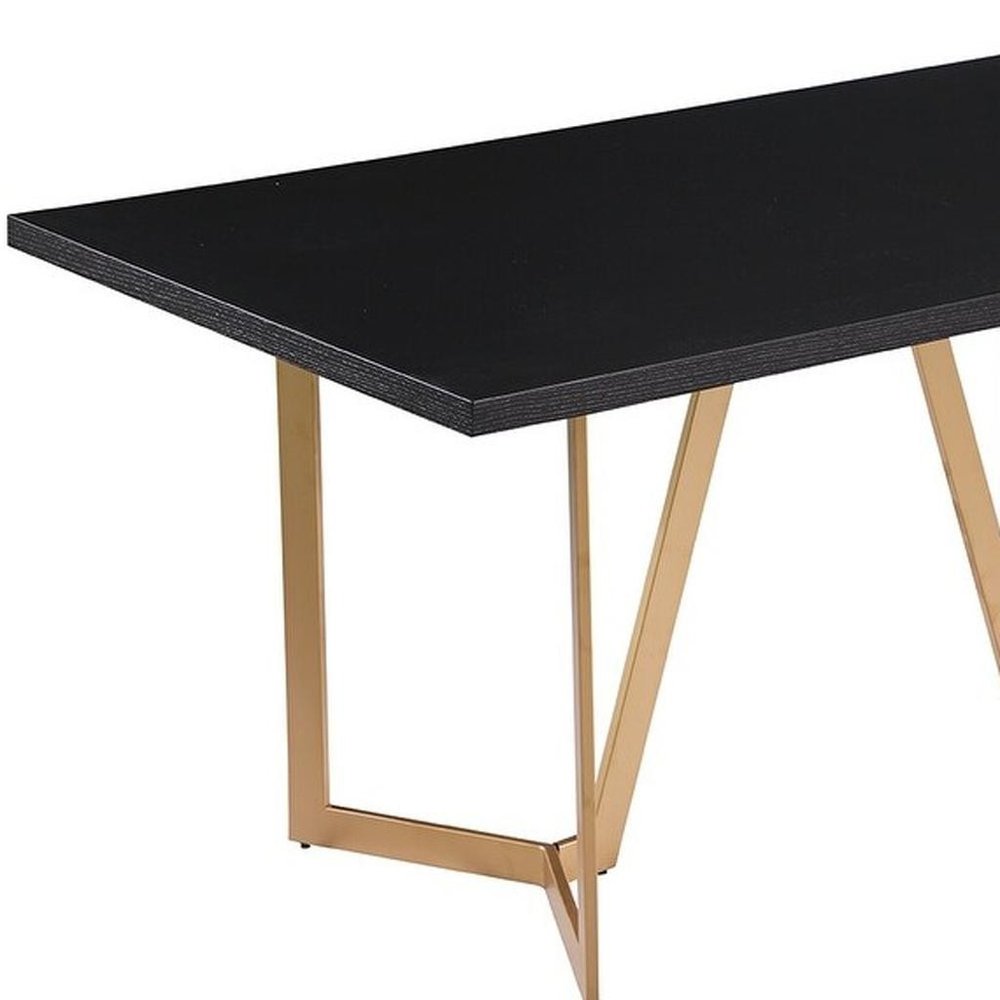63" Black And Gold Solid Wood And Metal Trestle Base Dining Table