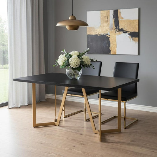 63" Black And Gold Solid Wood And Metal Trestle Base Dining Table