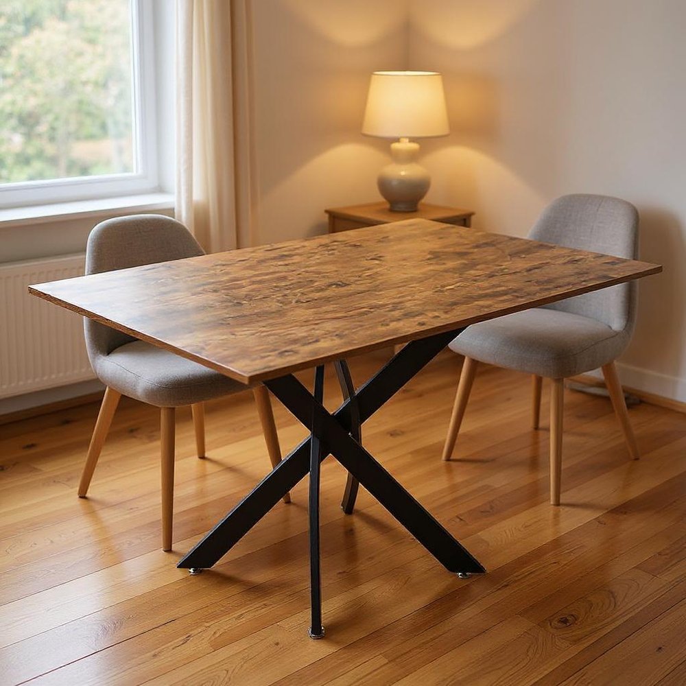 47" Brown and Black Wood and Metal Cross Leg Base Dining Table