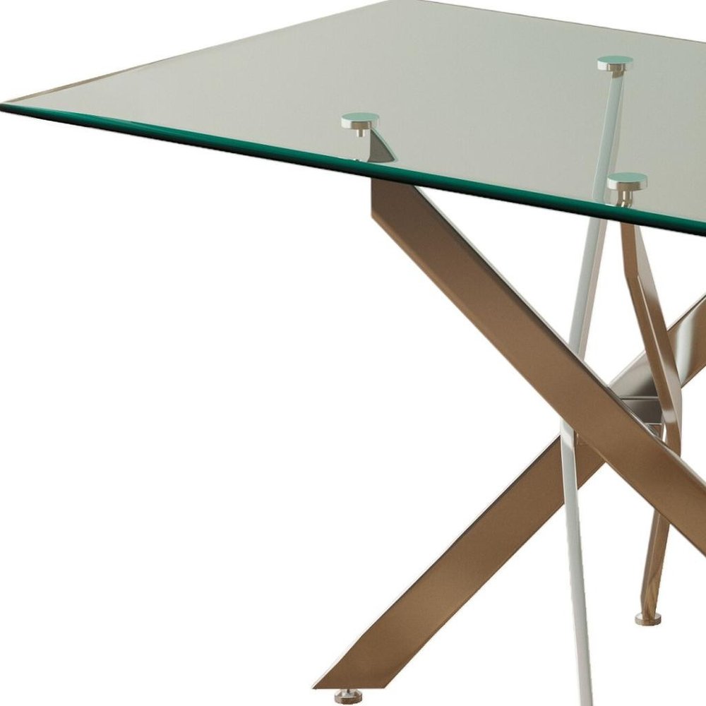 51" Clear And Silver Glass And Metal Trestle Base Dining Table