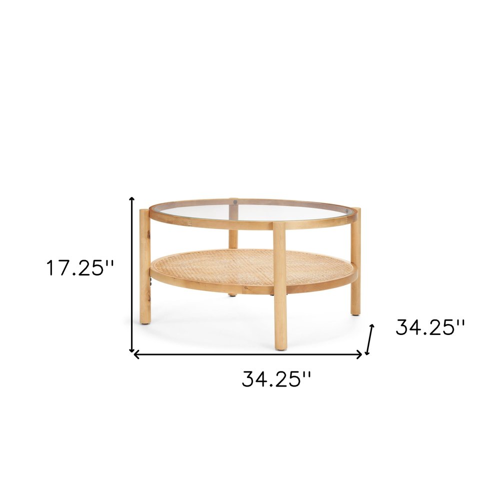 34" Clear and Natural Glass and Solid Wood Round Coffee Table With Shelf