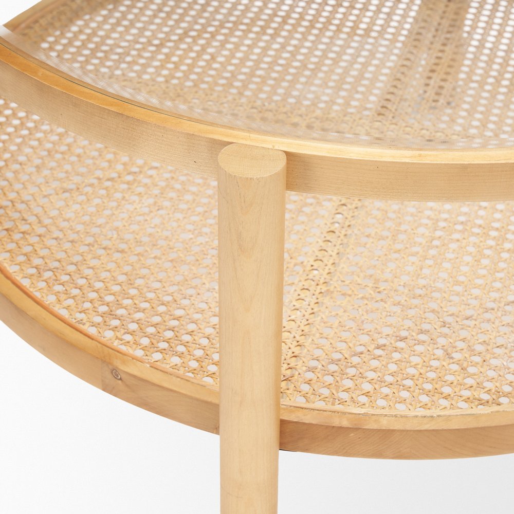 34" Clear and Natural Glass and Solid Wood Round Coffee Table With Shelf