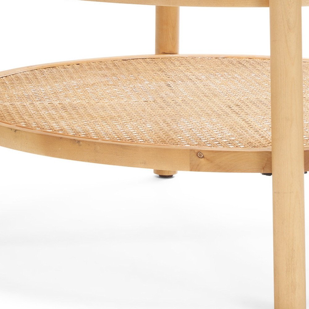 34" Clear and Natural Glass and Solid Wood Round Coffee Table With Shelf