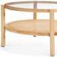 34" Clear and Natural Glass and Solid Wood Round Coffee Table With Shelf
