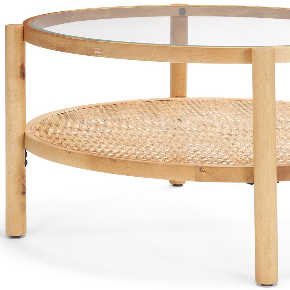 34" Clear and Natural Glass and Solid Wood Round Coffee Table With Shelf