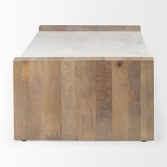 48" Natural and White Solid Wood And Genuine Marble Coffee Table