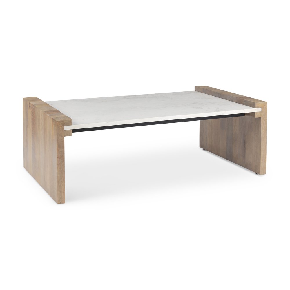 48" Natural and White Solid Wood And Genuine Marble Coffee Table