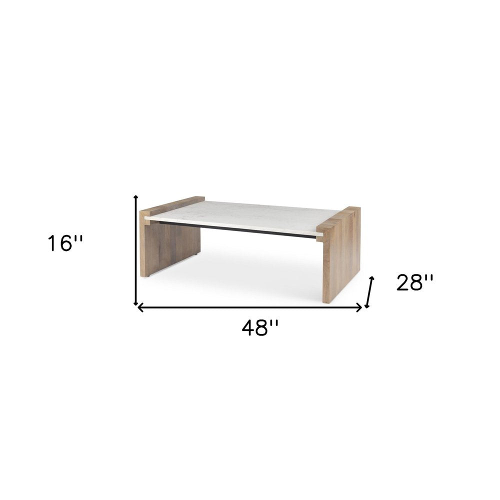 48" Natural and White Solid Wood And Genuine Marble Coffee Table