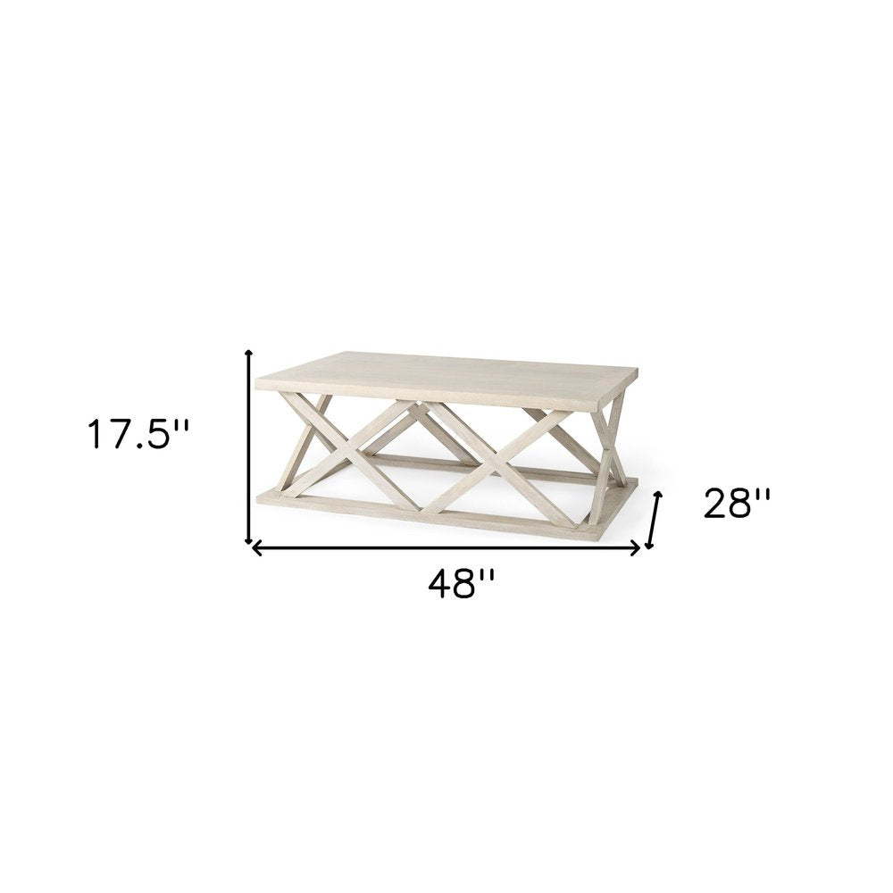 48" Off White Solid Wood Distressed Geo Frame Coffee Table