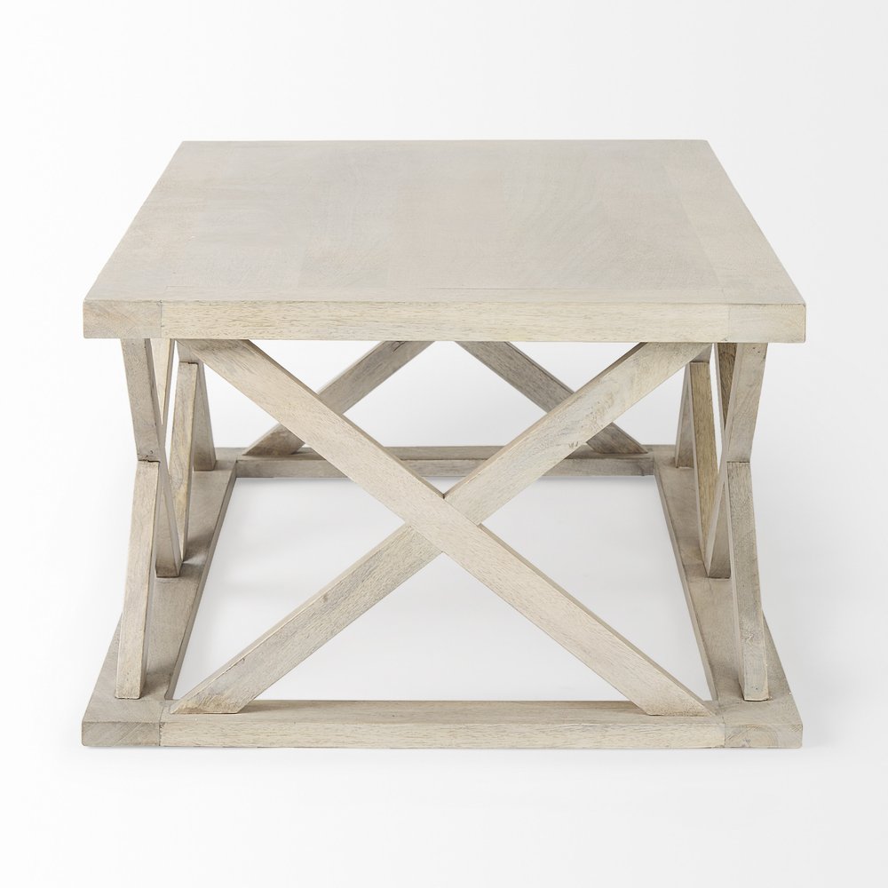 48" Off White Solid Wood Distressed Geo Frame Coffee Table