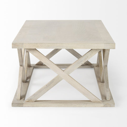 48" Off White Solid Wood Distressed Geo Frame Coffee Table