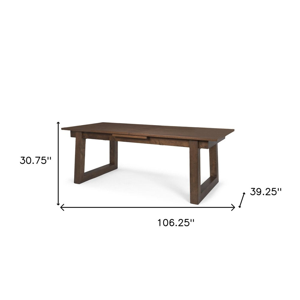 106" Dark Brown Solid Wood Self-Storing Leaf Sled Base Extendable Dining Table