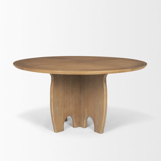 59" Brown Solid Wood Pedestal Base Round Top Dining Table
