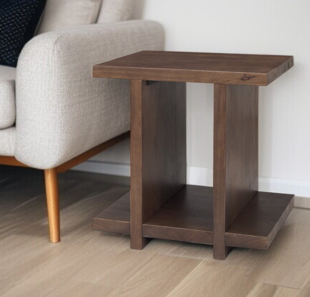 22" Brown Solid Wood Sled End Table With Shelf