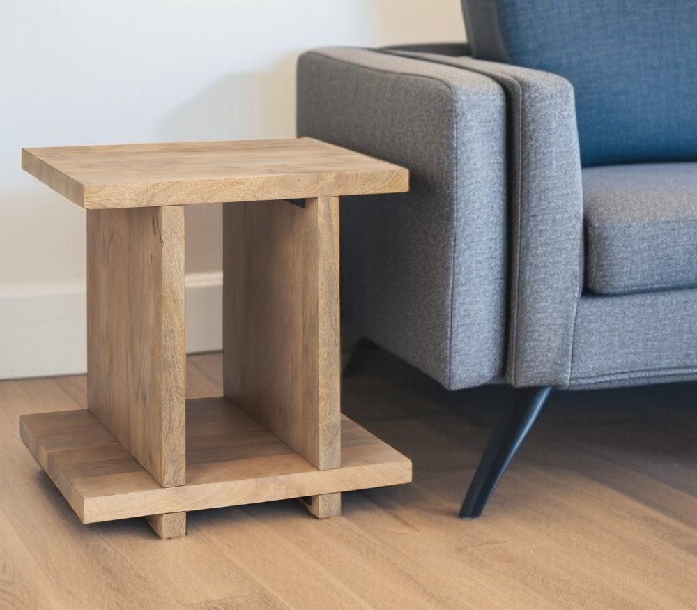 22" Brown Solid Wood Sled End Table With Shelf