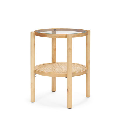 24" Clear and Light Brown Glass and Solid Wood Round End Table With Shelf