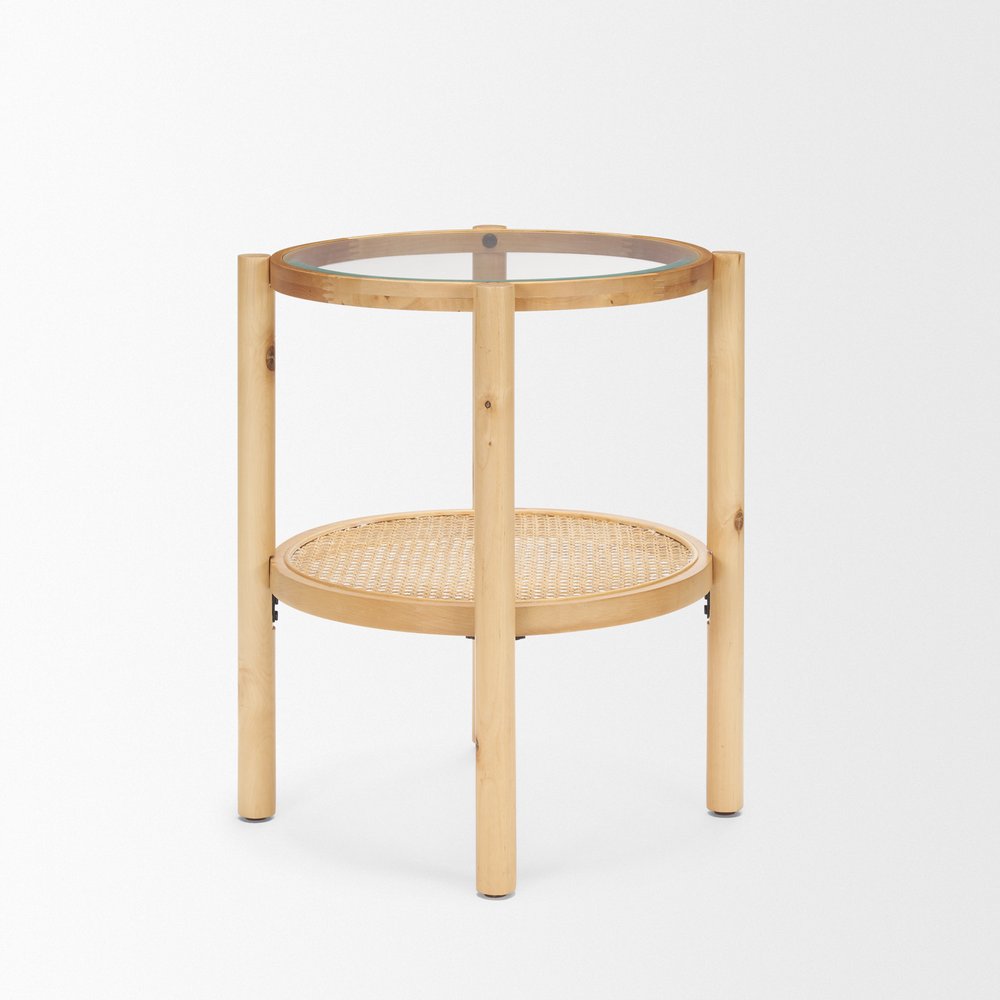 24" Clear and Light Brown Glass and Solid Wood Round End Table With Shelf