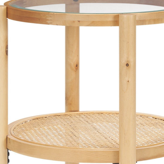 24" Clear and Light Brown Glass and Solid Wood Round End Table With Shelf