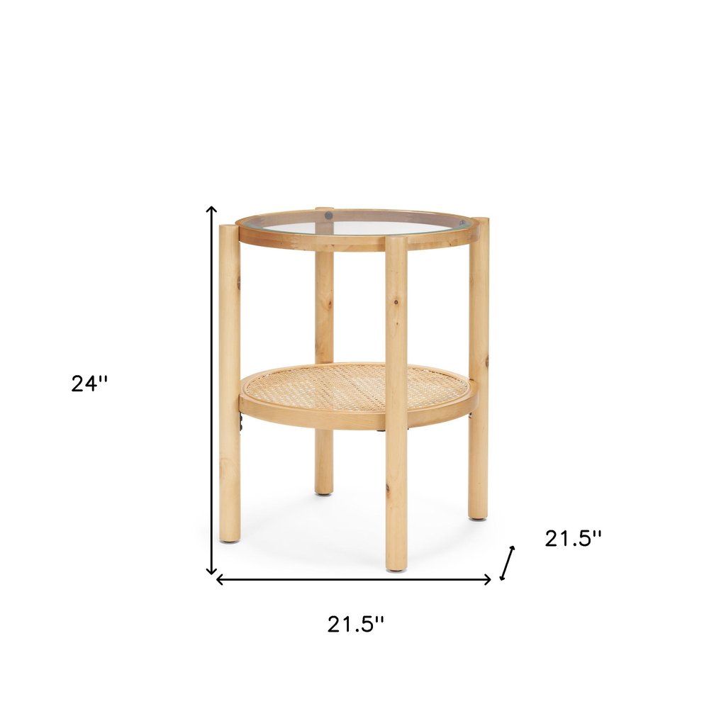 24" Clear and Light Brown Glass and Solid Wood Round End Table With Shelf