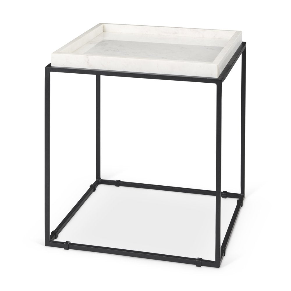 20" White and Black Marble and Metal Square Frame End Table