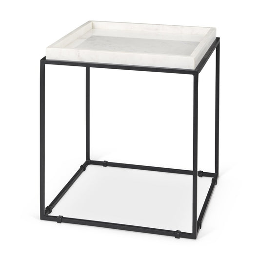 20" White and Black Marble and Metal Square Frame End Table