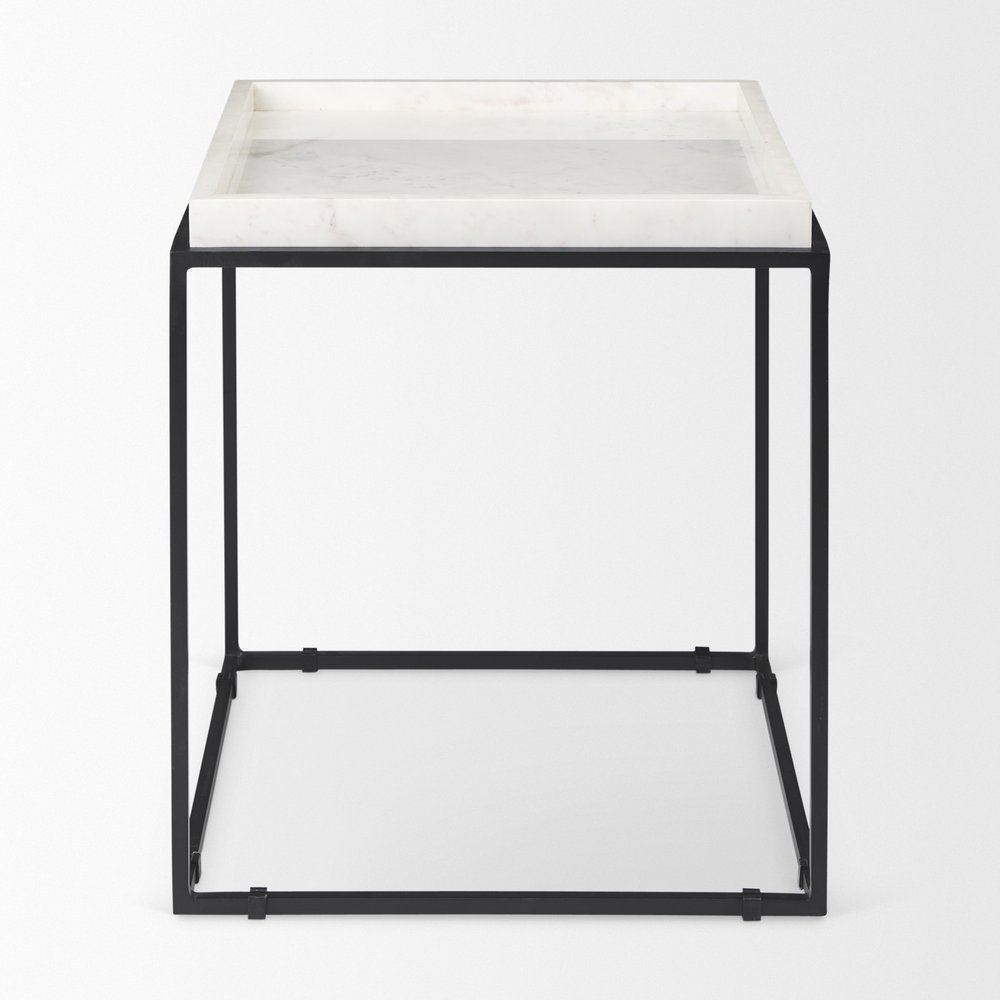 20" White and Black Marble and Metal Square Frame End Table