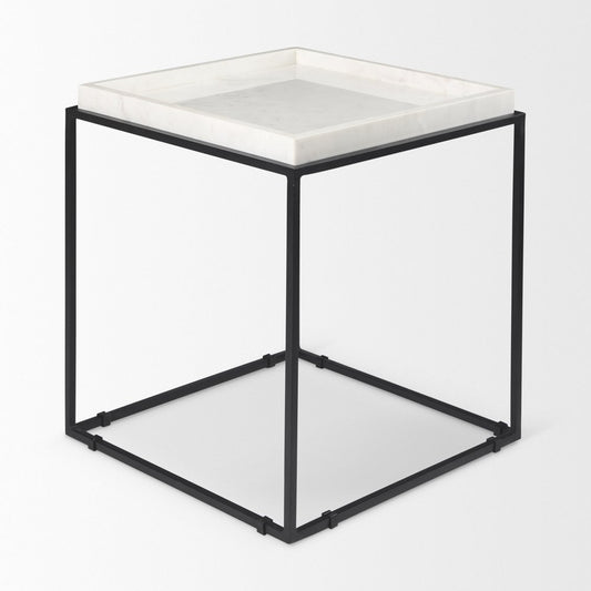 20" White and Black Marble and Metal Square Frame End Table