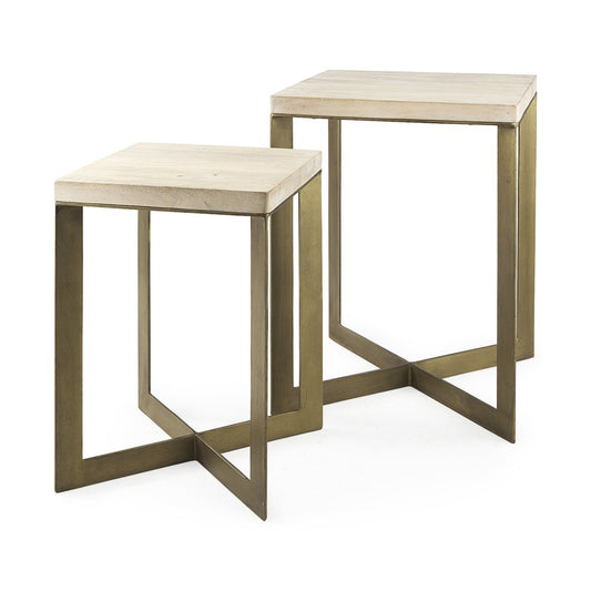 Set of Two Natural and Gold Solid Wood and Metal Square Cross Legs Nested Tables