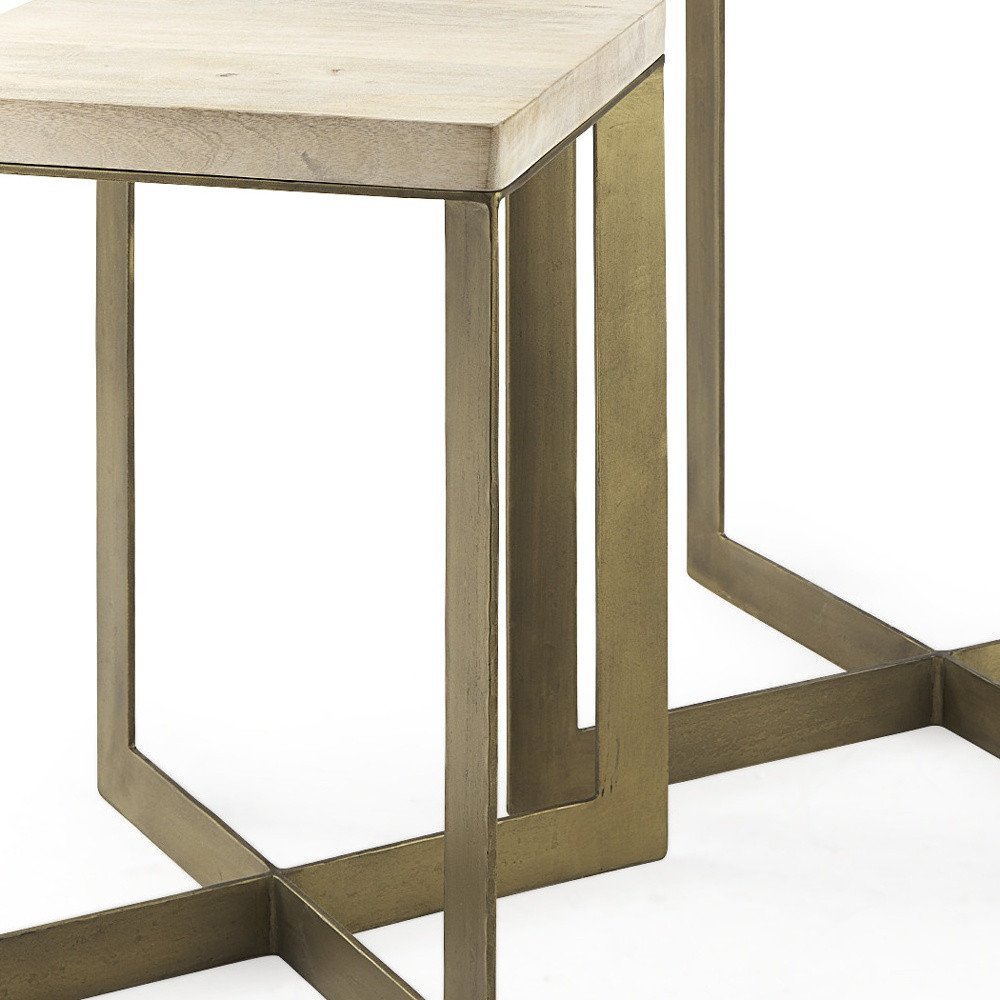 Set of Two Natural and Gold Solid Wood and Metal Square Cross Legs Nested Tables