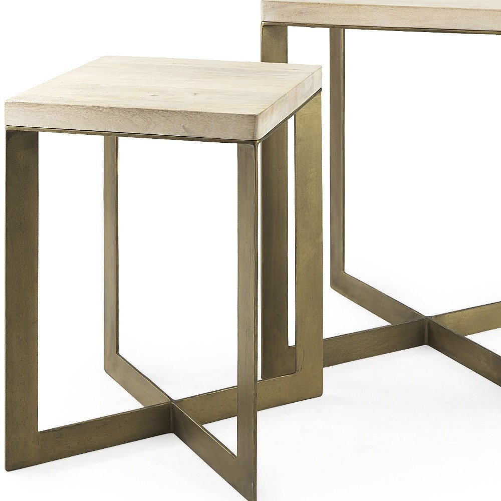 Set of Two Natural and Gold Solid Wood and Metal Square Cross Legs Nested Tables