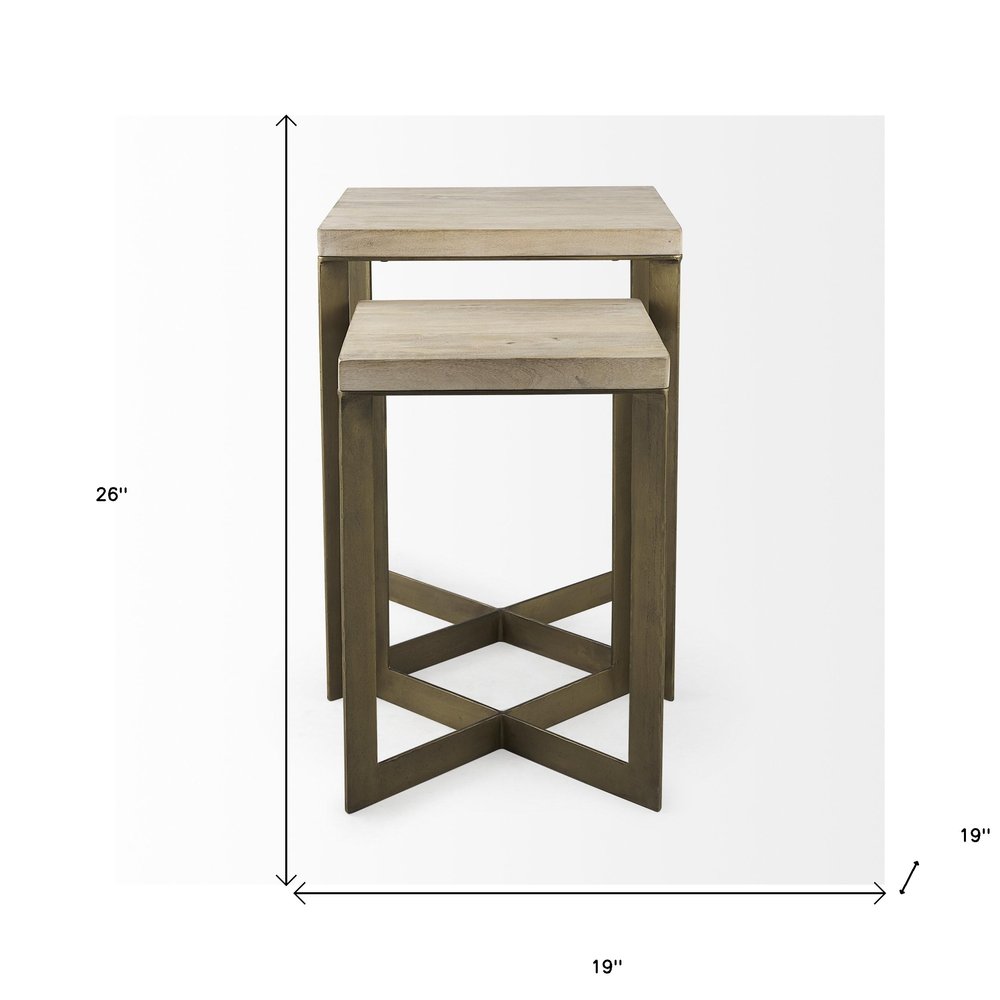 Set of Two Natural and Gold Solid Wood and Metal Square Cross Legs Nested Tables