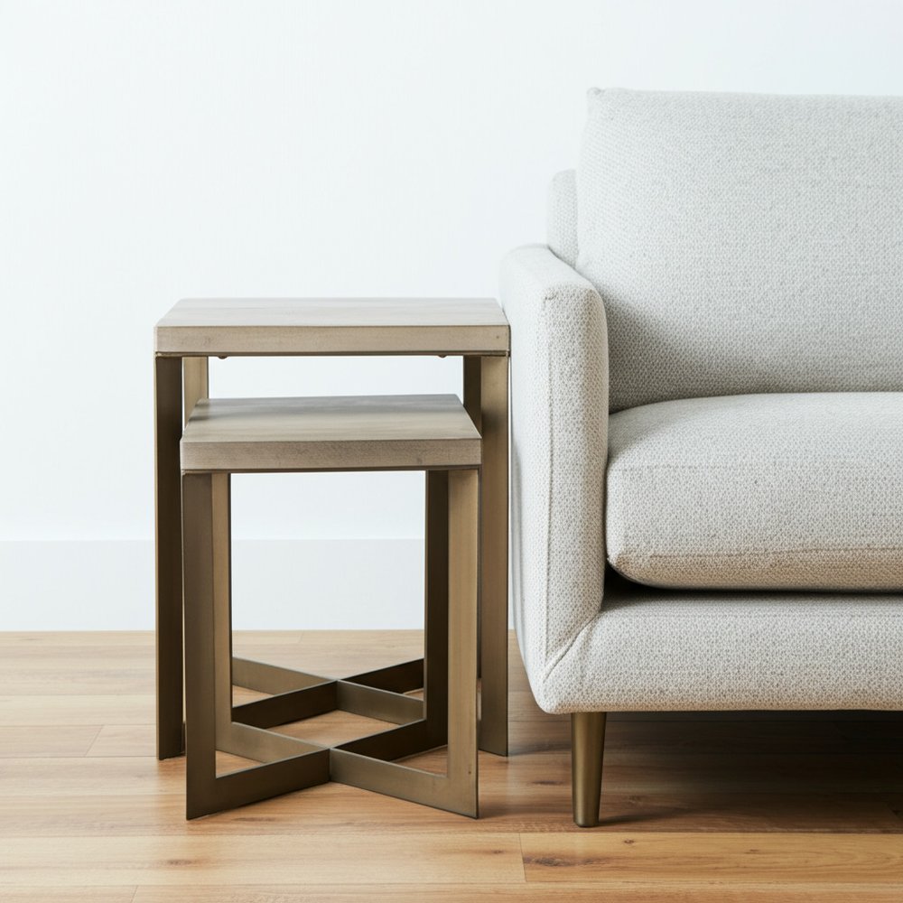 Set of Two Natural and Gold Solid Wood and Metal Square Cross Legs Nested Tables