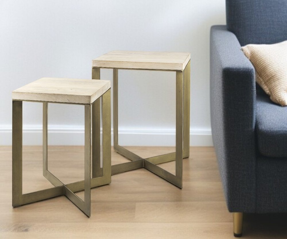 Set of Two Natural and Gold Solid Wood and Metal Square Cross Legs Nested Tables