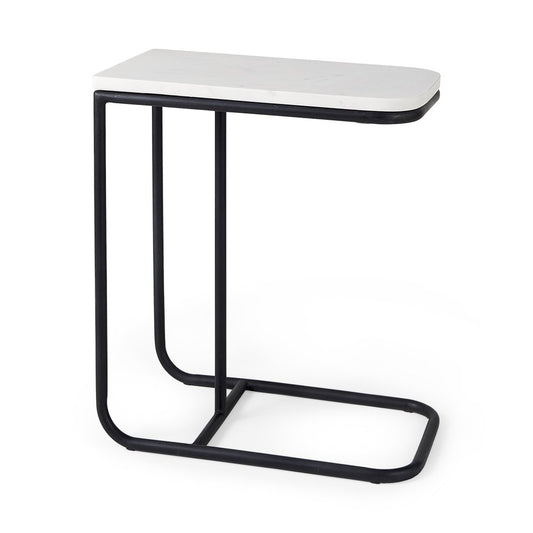 23" Black And White Marble and Metal C Table End Table