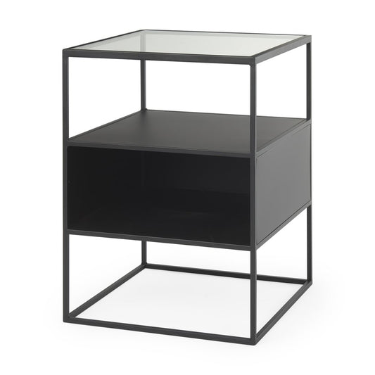 21" Clear and Black Glass and Metal Square Frame End Table With Two Shelves