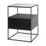 21" Clear and Black Glass and Metal Square Frame End Table With Two Shelves