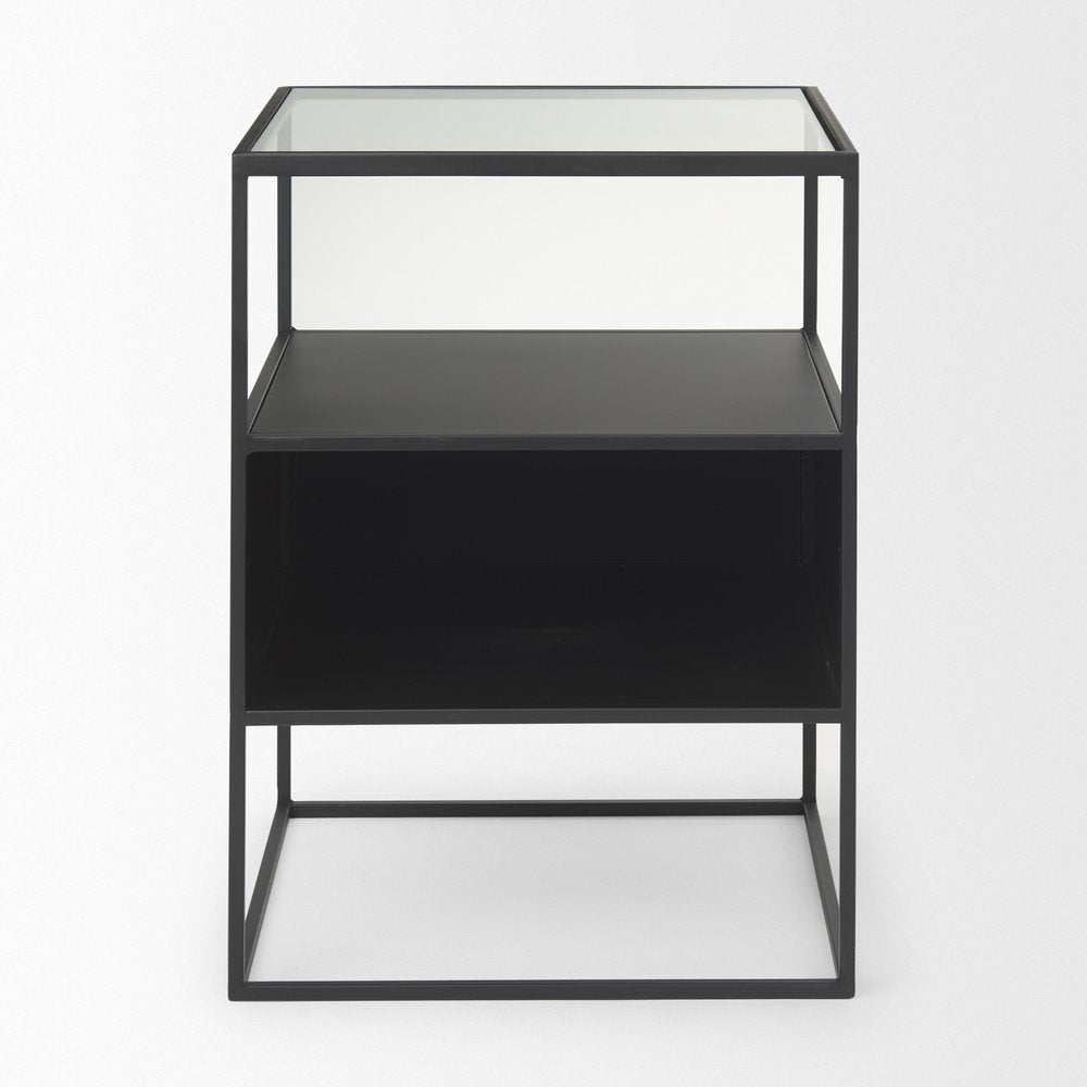 21" Clear and Black Glass and Metal Square Frame End Table With Two Shelves