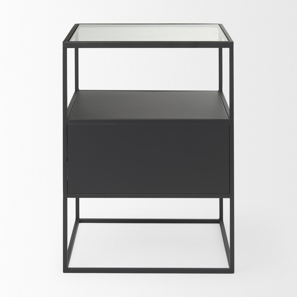 21" Clear and Black Glass and Metal Square Frame End Table With Two Shelves