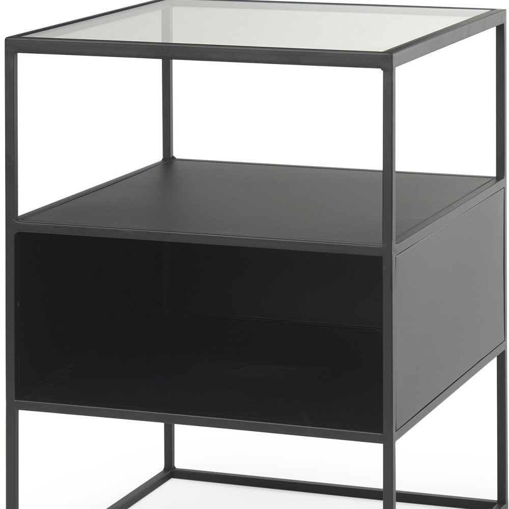 21" Clear and Black Glass and Metal Square Frame End Table With Two Shelves