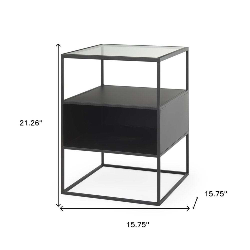 21" Clear and Black Glass and Metal Square Frame End Table With Two Shelves