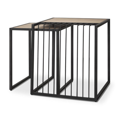 Set of Two Natural and Black Solid Wood and Metal Square Sled Nested Tables