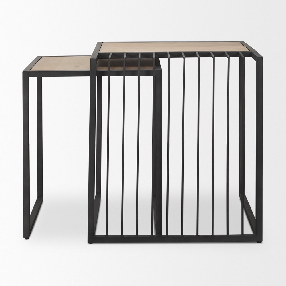 Set of Two Natural and Black Solid Wood and Metal Square Sled Nested Tables