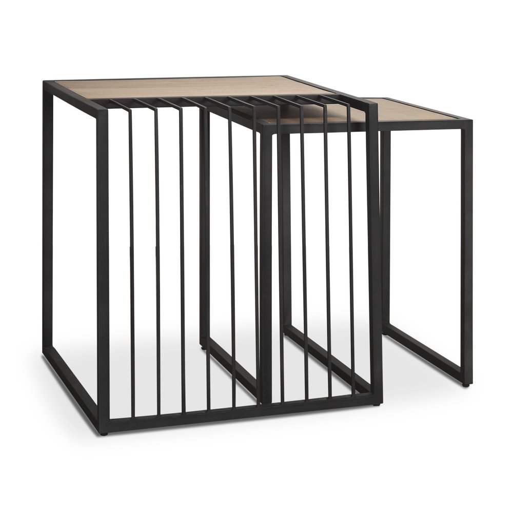 Set of Two Natural and Black Solid Wood and Metal Square Sled Nested Tables