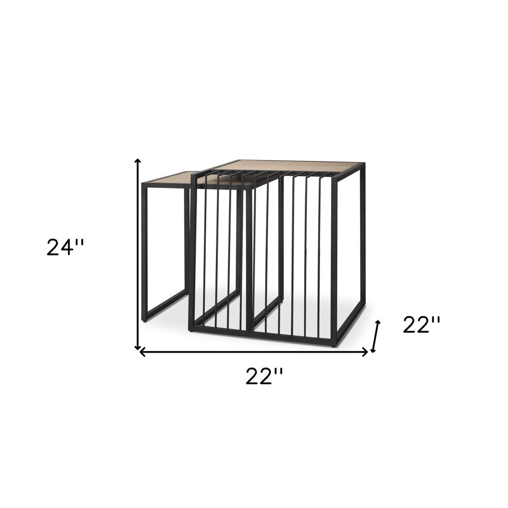 Set of Two Natural and Black Solid Wood and Metal Square Sled Nested Tables